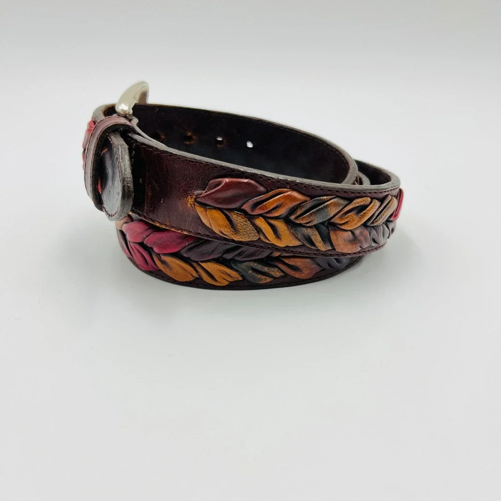 The Territory Ahead Mens 38 Braided Leather Leaf Belt Colorful Western Boho 90s